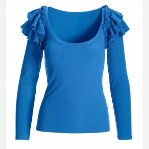 BOSTON PROPER Blue Ribbed Ruffled Shoulder Long Sleeve Top M NWOT